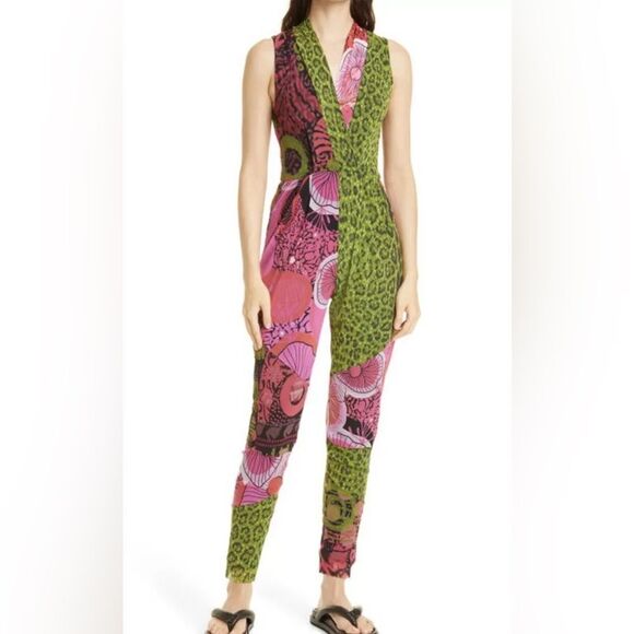 NWT FUZZI Tuta Sleeveless Tulle Stretch Abstract Print Jumpsuit in Strawberry S - Picture 2 of 11